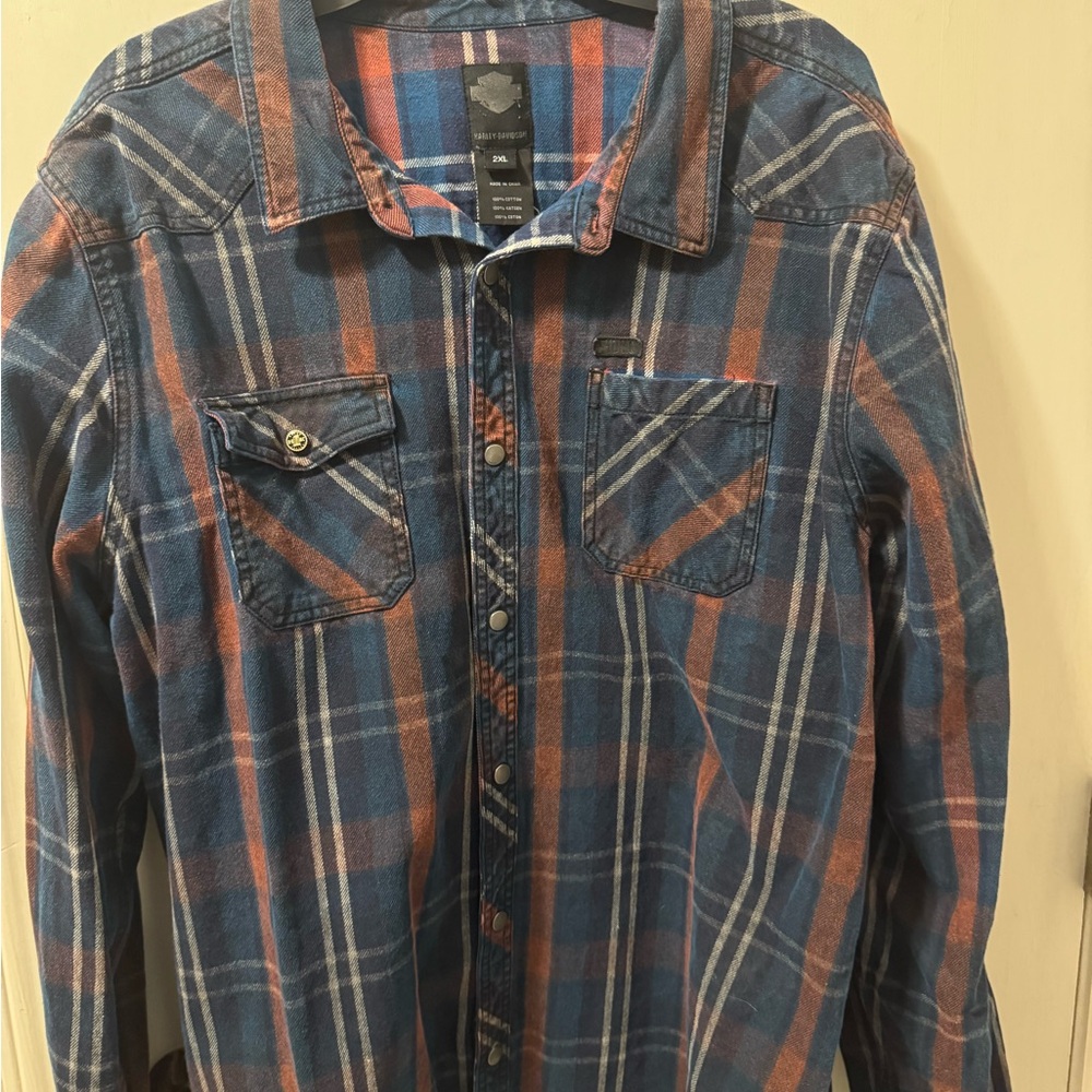 Harley-Davidson Blue and Orange Plaid Snap-Up Shirt signature HDMC